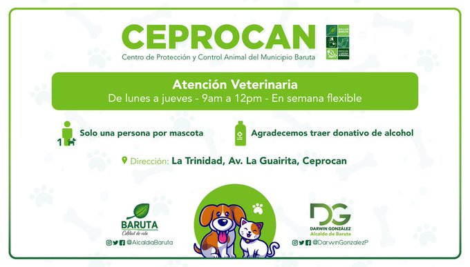 AlcaldiaBaruta's tweet photo. ¡En Baruta seguimos atendiendo a tu mascota!
Ante una emergencia, acude a nuestra sede de #Ceprocan, tanto en semana radical como en semana de flexibilización.
Si se trata de una consulta, te atenderemos en la semana de flexibilización.
Consulta nuestros horarios https://t.co/xowJawPM6D