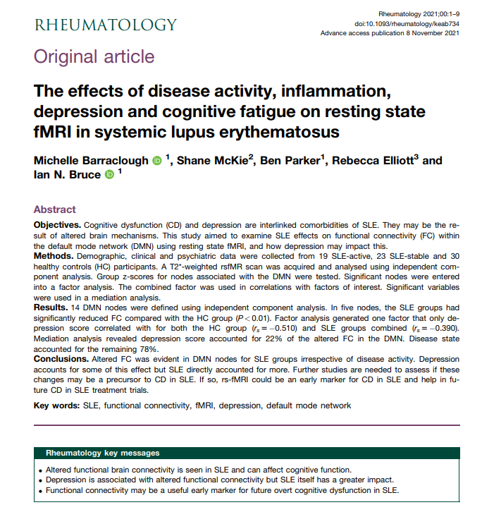 Our new paper, functional brain connectivity differences in #lupus, not just associated with #depression:  doi.org/10.1093/rheuma…
@lupusdoc <a href="/bp152/">Ben Parker</a> <a href="/CfE_UoM/">Centre for Epidemiology Versus Arthritis</a> <a href="/ManchesterBRC/">NIHR Manchester Biomedical Research Centre</a> <a href="/VersusArthritis/">Versus Arthritis</a> <a href="/LUPUSUK/">Lupus UK</a> #fMRI