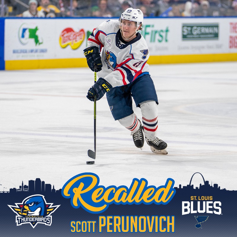ThunderbirdsAHL's tweet photo. NEWS: St. Louis Blues announced today the team has recalled defenseman Scott Perunovich from the Springfield Thunderbirds. 

The Blues also assigned G Joel Hofer, F Dakota Joshua, and D Calle Rosen to Springfield.