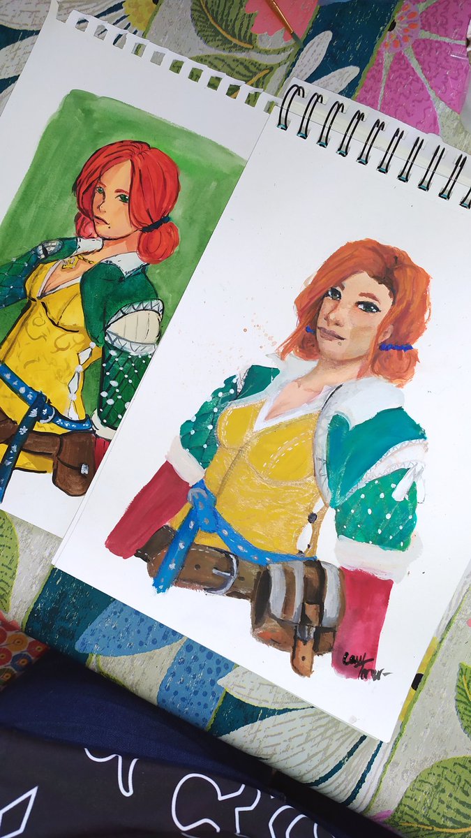 LawTeresu's tweet image. Redraw of #trissmerigold , the left one was done in February and the new just finished 

Done with #magicfly #jellygouache ! 

#thewitcher3 #tw3 #triss #painting #gouache