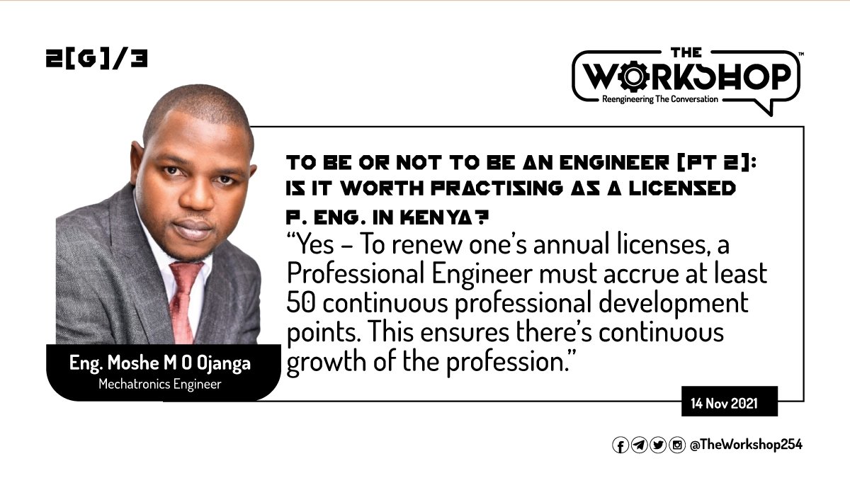 TheWorkshop254's tweet photo. 2(G)/3
@Blacklake254: Yes – To renew one’s annual licenses, a #PEngKE must accrue at least 50 #CPD points. This ensures there’s continuous growth of the profession.

#TheWorkshop254 https://t.co/SUI3blrd0J