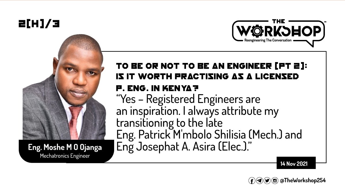 TheWorkshop254's tweet photo. 2(H)/3

@Blacklake254: Yes – Registered #EngineersKE are an inspiration. I always attribute my transitioning to the late Eng. Patrick M'mbolo Shilisia (Mech.) &amp; Eng Josephat A. Asira (Elec.).

#TheWorkshop254 https://t.co/cJ6ddhnOAR