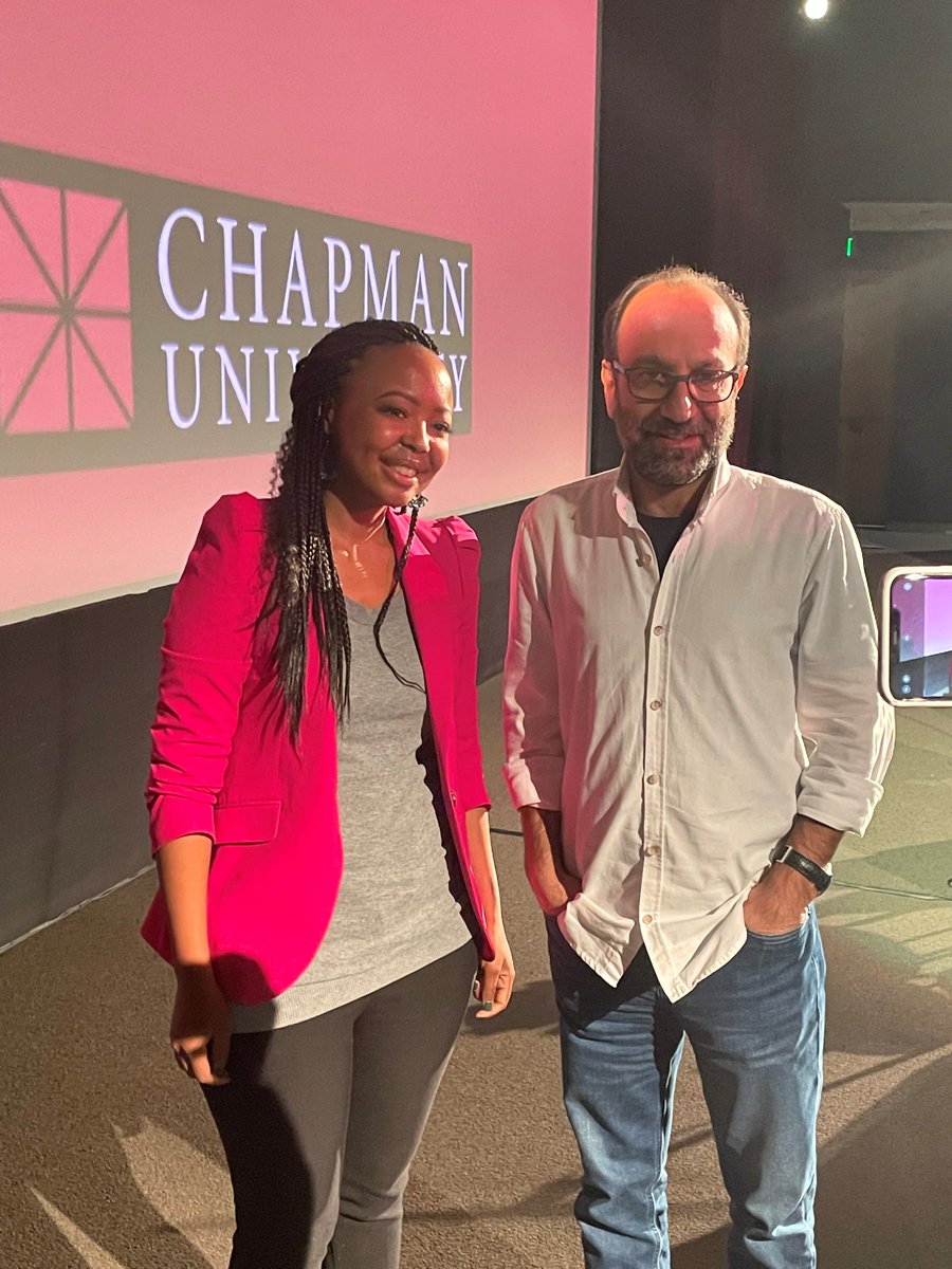 CU_DodgeCollege's tweet photo. .@phumimorare met with two time Oscar-winning filmmaker Asghar Farhadi this past weekend @ChapmanU! The @CU_DodgeCollege grad recently won the Student Academy Award gold medal for her narrative short Lakutshon' Ilanga (When the Sun Sets). #masterclasslive #shortfilm #filmschool https://t.co/Ph45mO9gNb