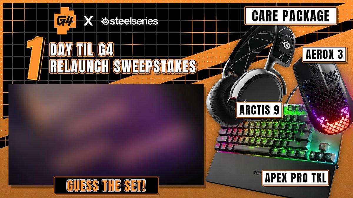 G4TV's tweet photo. One Day til G4 Relaunch Sweepstakes 
 
Must:
Follow @G4TV @SteelSeries
Guess the set (AOTS, Xplay or Boosted)
RT &amp; Like this tweet https://t.co/EkkE37i4hR