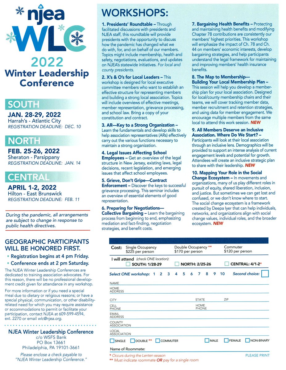 BurlCountyEA's tweet photo. WINTER LEADERSHIP!  NJEA's 2022 Winter Leadership Conference is coming up.  This is an excellent well to get information and training. Check out the details in the flyer and register with your local President.

@NJEA #training #advocacy #WLC22 #union https://t.co/aaxtKKai2n
