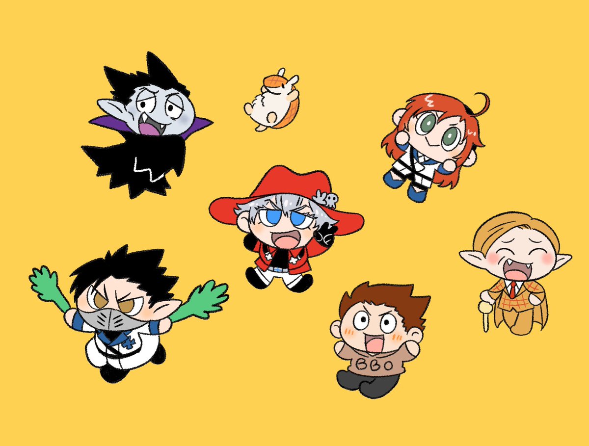 multiple boys hat chibi smile black hair pointy ears fangs  illustration images