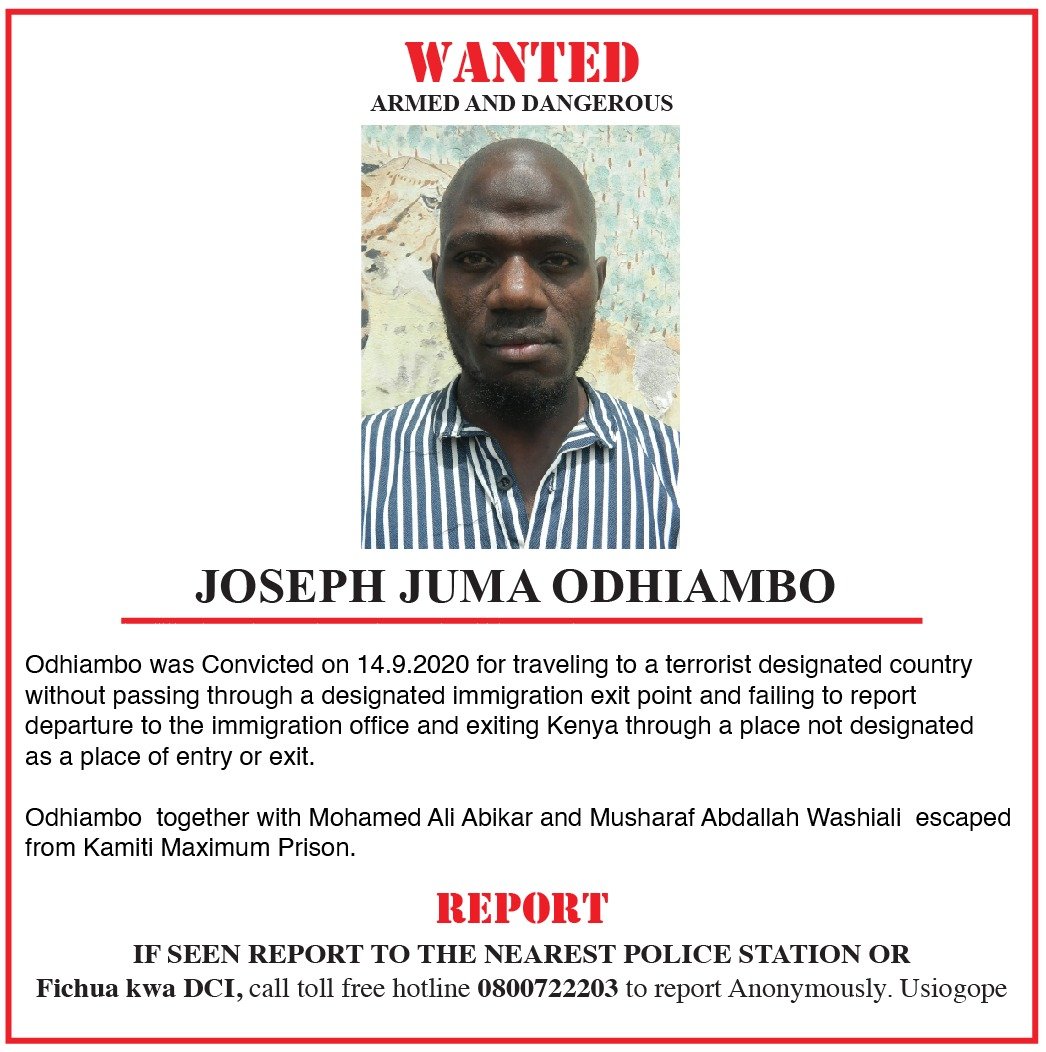 CTP_Kenya's tweet photo. BREAKING NEWS: @DCI_Kenya
is looking for terrorists below who escaped from #KamitiPrison.
Mohammed Ali Abikar, Joseph Juma Odhiambo &amp; Musharaf Abdallah Washiali aka Shukri aka Alex Shikanda are armed &amp; dangerous.
A reward of Sh60 million will be offered.
#ActionCountersTerrorism https://t.co/CRVMG80lT0