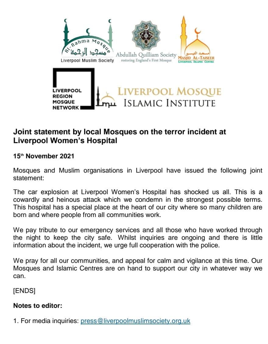 Joint Statement by Local Mosques on explosion outside Liverpool Women’s Hospital.