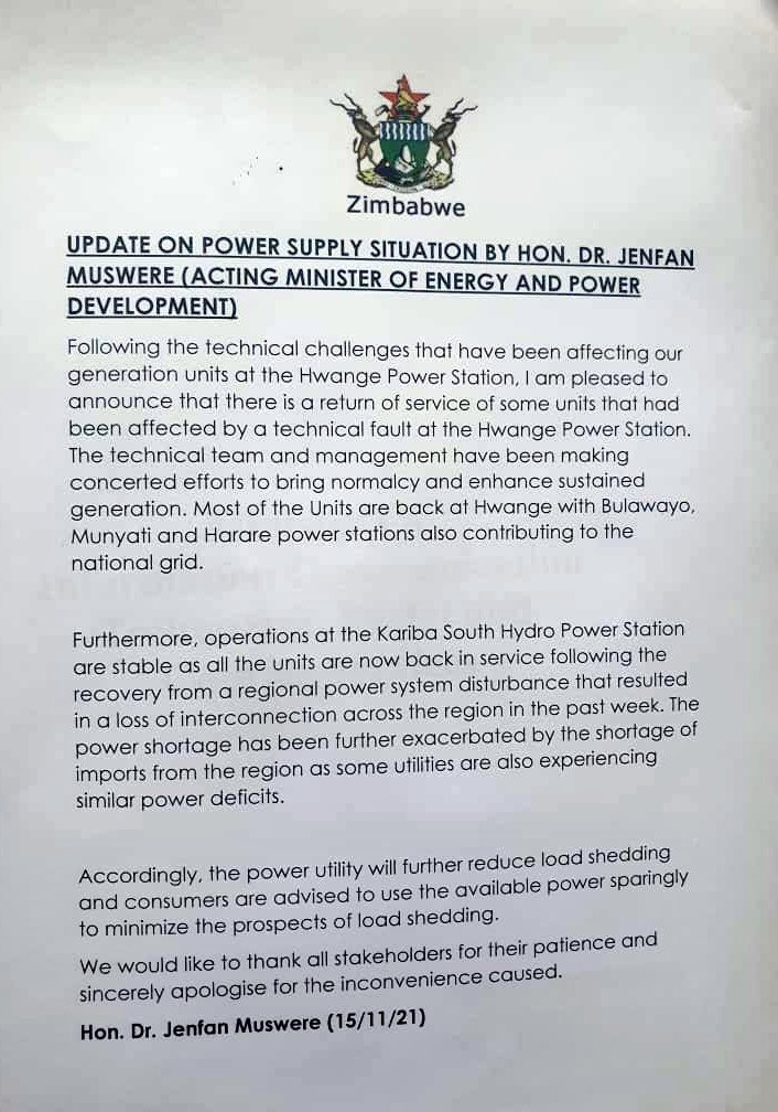 zimlive's tweet photo. JUST IN: ZESA says it will ease load shedding after power generation improved, according to acting energy minister Jenfan Muswere https://t.co/1eGNnWjWvw