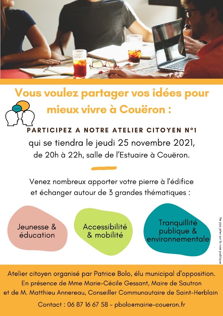 LREM_Coueron_SH's tweet photo. Rdv Jeudi 25 Novembre 2021 à 20h00 salle de l'Estuaire à #Couëron pour participer à un Atelier Citoyen sur les thèmes #Jeunesse #education #Accessibilté #Mobilité et la #Tranquilité #Publique #environmentale Venez partager vos idées et échanger avec nos intervenants #Couëron https://t.co/KPtFZwqkMP