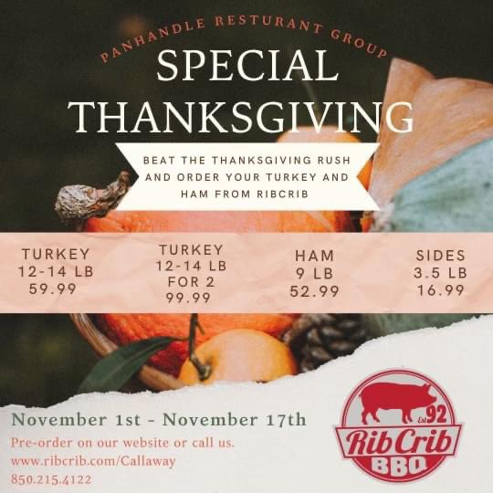 RibCribCallaway's tweet photo. 2 days left to get your orders in! #Turkey #turkeyday #turkeyday2021 #Thanksgiving #850florida #callawayflorida # https://t.co/ufkTxrgpqv