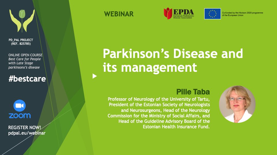 Glad to announce our next #webinar '#Parkinson disease and its management', featuring Pille Taba, prof of #Neurology at <a href="/unitartu/">University of Tartu</a> and <a href="/movedisorder/">MDS</a> ES Chair! Friday 19/11/21 5pm CET. Register at: unipd.zoom.us/webinar/regist…
#bestcare #palliativecare #education @CentreWho