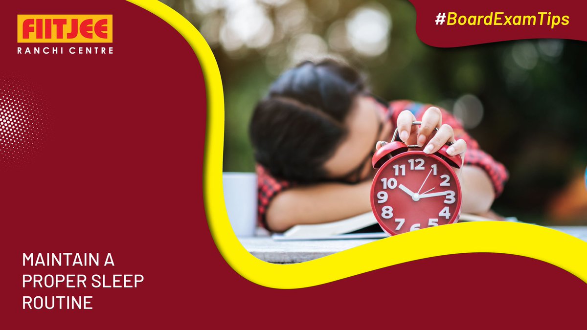 #BoardExamTips: Maintain a proper #Sleep routine, it will keep your mind and body fresh and energetic!

#BoardExam #PrepareWell #YouCanDoIt #CBSEBoard