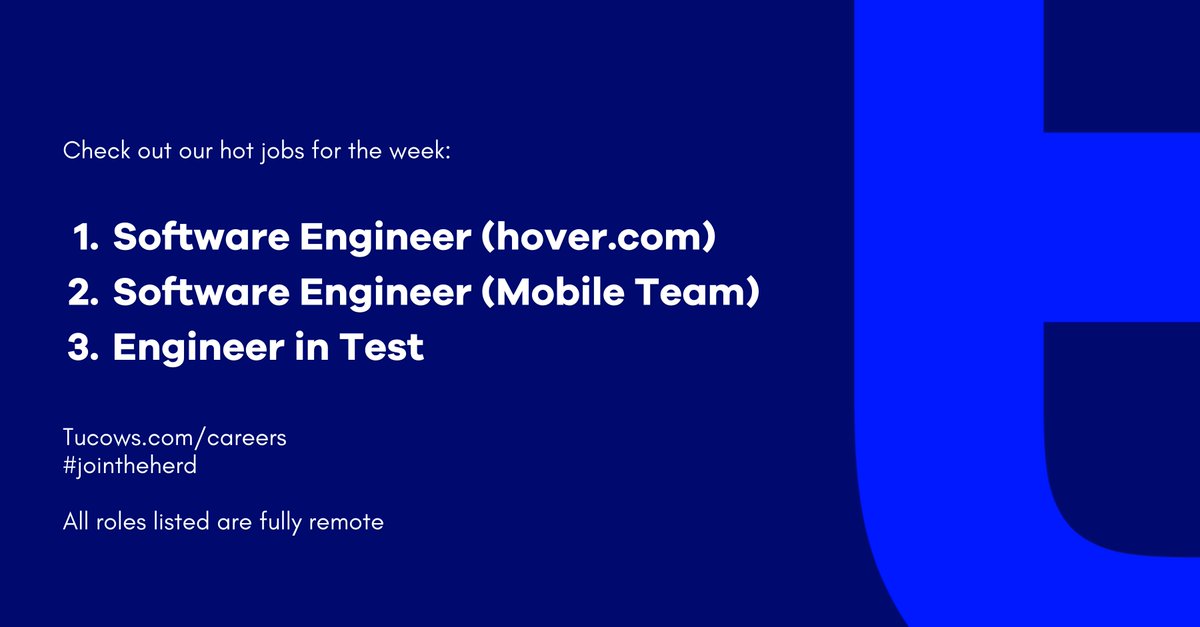 We're looking for amazing tech talent to #JoinTheHerd:

- Software Engineer (hover.com)
- Software Engineer (Mobile Team)
- Engineer in Test

Learn more at tucows.com/careers/