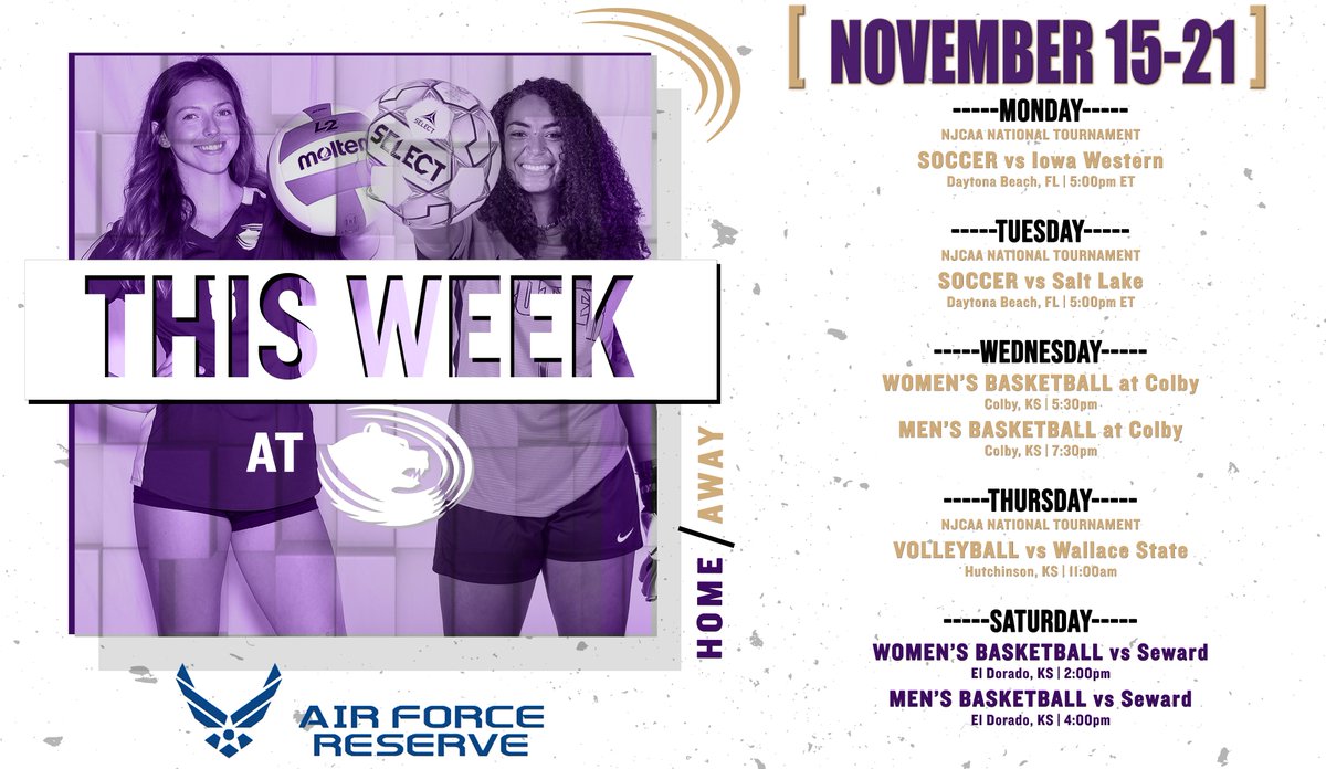 𝐓𝐇𝐈𝐒 𝐖𝐄𝐄𝐊 𝐢𝐧 𝐁𝐮𝐭𝐥𝐞𝐫 𝐀𝐭𝐡𝐥𝐞𝐭𝐢𝐜𝐬!

National Tournament Week for Soccer &amp; Volleyball... also, hoops starts <a href="/KJCCCmedia/">KJCCC athletics</a> play on Wednesday!

⚽️ <a href="/BCC_Soccer/">Butler Soccer</a> 
🏀 <a href="/ButlerCCWBB/">Butler Women's Hoops</a> 
🏀 <a href="/BucoMBB/">Butler Basketball</a> 
🏐 <a href="/BucoVolleyball/">Butler Grizzlies VB</a> 

#RoarGrizz