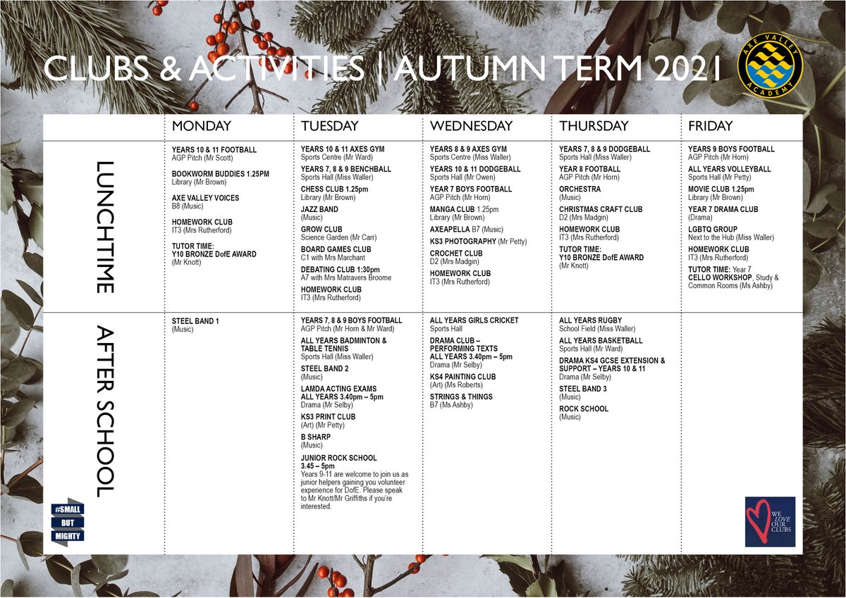 AxeAcademy's tweet photo. We love our clubs here at Axe Valley Academy. Here's the updated list for the rest of this term #smallbutmighty https://t.co/57m3uIouLY