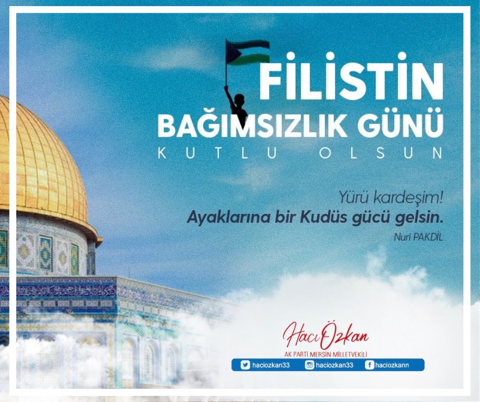 haciozkan33's tweet photo. Dost ve kardeş ülke Filistin'in 15 Kasım 1988 bağımsızlık gününün 33. yıl dönümünü yürekten kutluyorum.

#Kudüs'te, #Filistin coğrafyasındaki tüm Müslüman kardeşlerimizin her zaman olduğu gibi bugün de yarın da her daim yanındayız. 
 #FilistinBağımsızlıkGünü https://t.co/PpCPikbxeS
