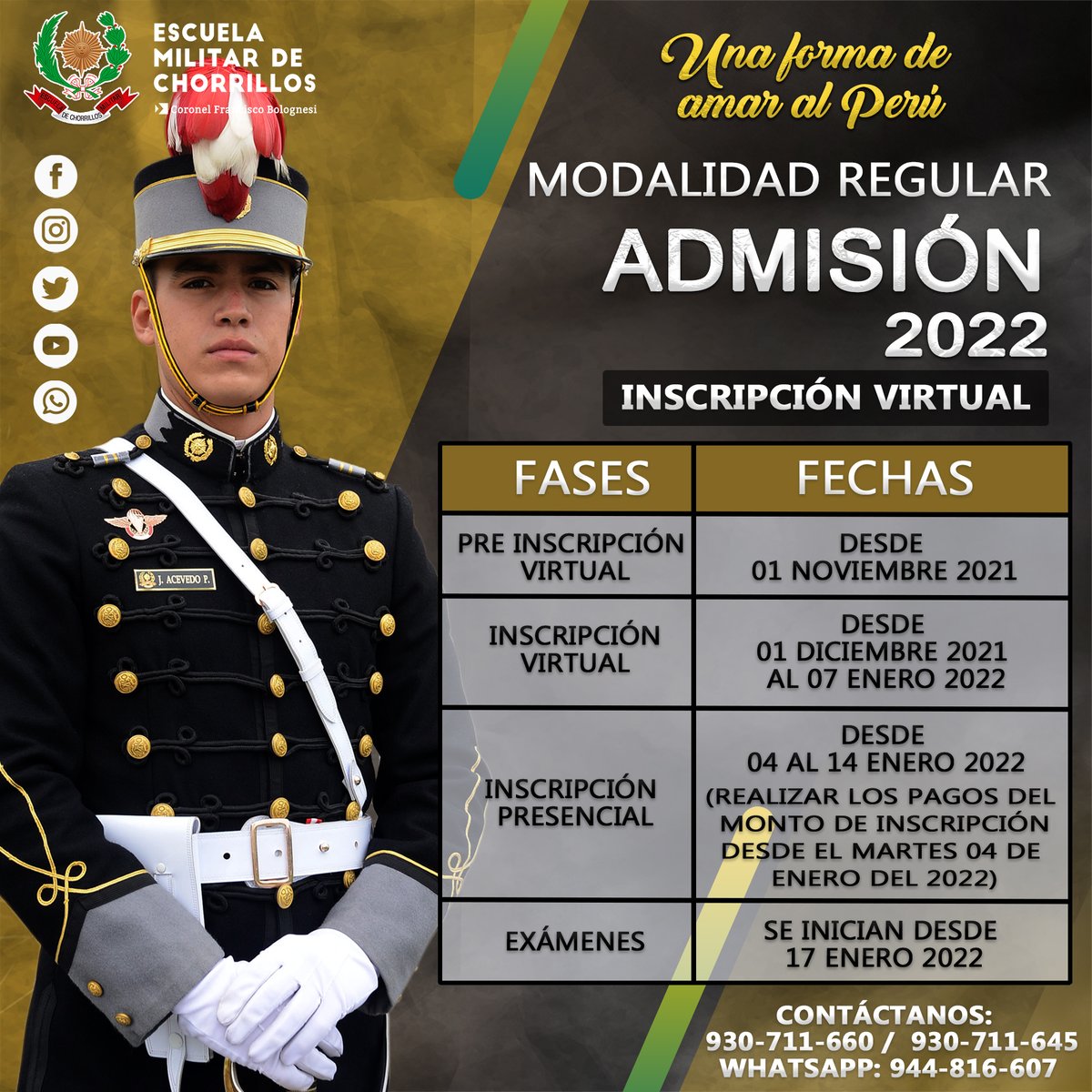 EMCH_CFB_'s tweet photo. Sé un Oficial del Ejército del Perú.
#ADMISIÓN2022
#MODALIDADREGULAR👏
¡Una forma de amar al Perú! 🇵🇪
Contáctanos:
WHATSAPP: 944-816-607
CELULARES: 930-711-660 / 930711645
#EscuelaMilitarDeChorrillosCFB
#UnaformadeamaralPerú
#SéUnOficialDelEjército https://t.co/O5QtUjJr6T