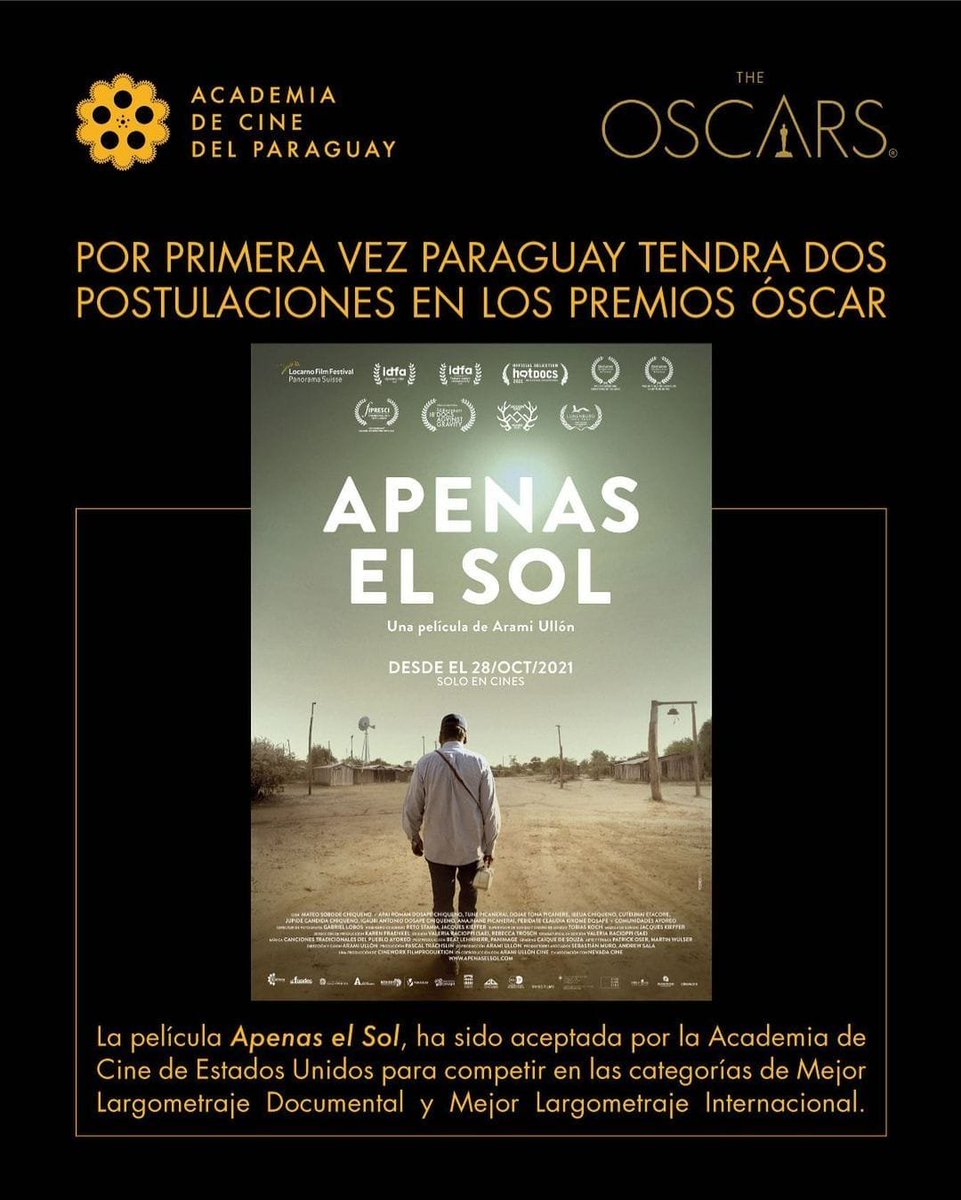 🎬La <a href="/academiacinepy/">Academia de Cine del Paraguay</a> anunció que "Apenas El Sol", de <a href="/araullon/">Arami Ullón (she/her)</a>, fue aceptado para representar a Paraguay en 2 categorías en los Óscars 2022:

✔️Mejor Largometraje Internacional
✔️Mejor Largometraje Documental

🎦Es la primera vez que 🇵🇾 tendrá dos postulaciones en los Óscars
#L25