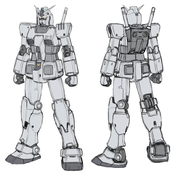 何となくMSV準拠カラーのG-3ガンダム。モノトーンなので、同じ濃度のグレーなのか影色で判別出来ない箇所がいくつかあるので、まぁ「何となくこんなかなぁ」って感じの色分け。左肩の三本線は何だろう? 三本だからG-3の「3」? 