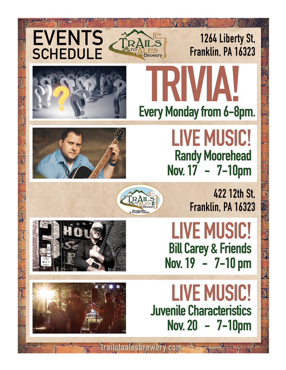 Here's what's happening this week! 🍻
Come join us for a wonderful selection of beer, slushies, cocktails, food, and some great entertainment. 

#TrAils2Ales #Events #GreatFood #Beer #DrinkLocal #LiveMusic