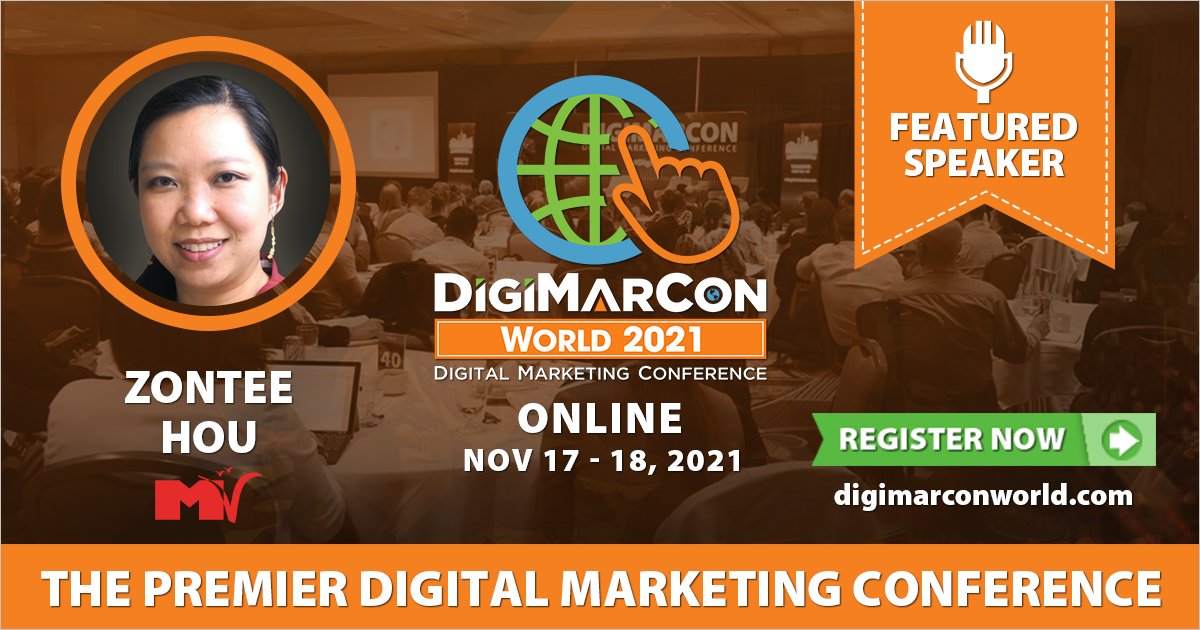 DigiMarCon's tweet photo. Featured Speaker Announced: See Zontee Hou @ZonteeHou from Media Volery @MediaVolery speak about Data & Storytelling: Using Insights to Shape Your Content & Social Media at #DigiMarConWorld https://t.co/NrLKnyiUCJ (November 17-18) Last Chance, Register Today! #digitalmarketing https://t.co/eIuqiGPaHA
