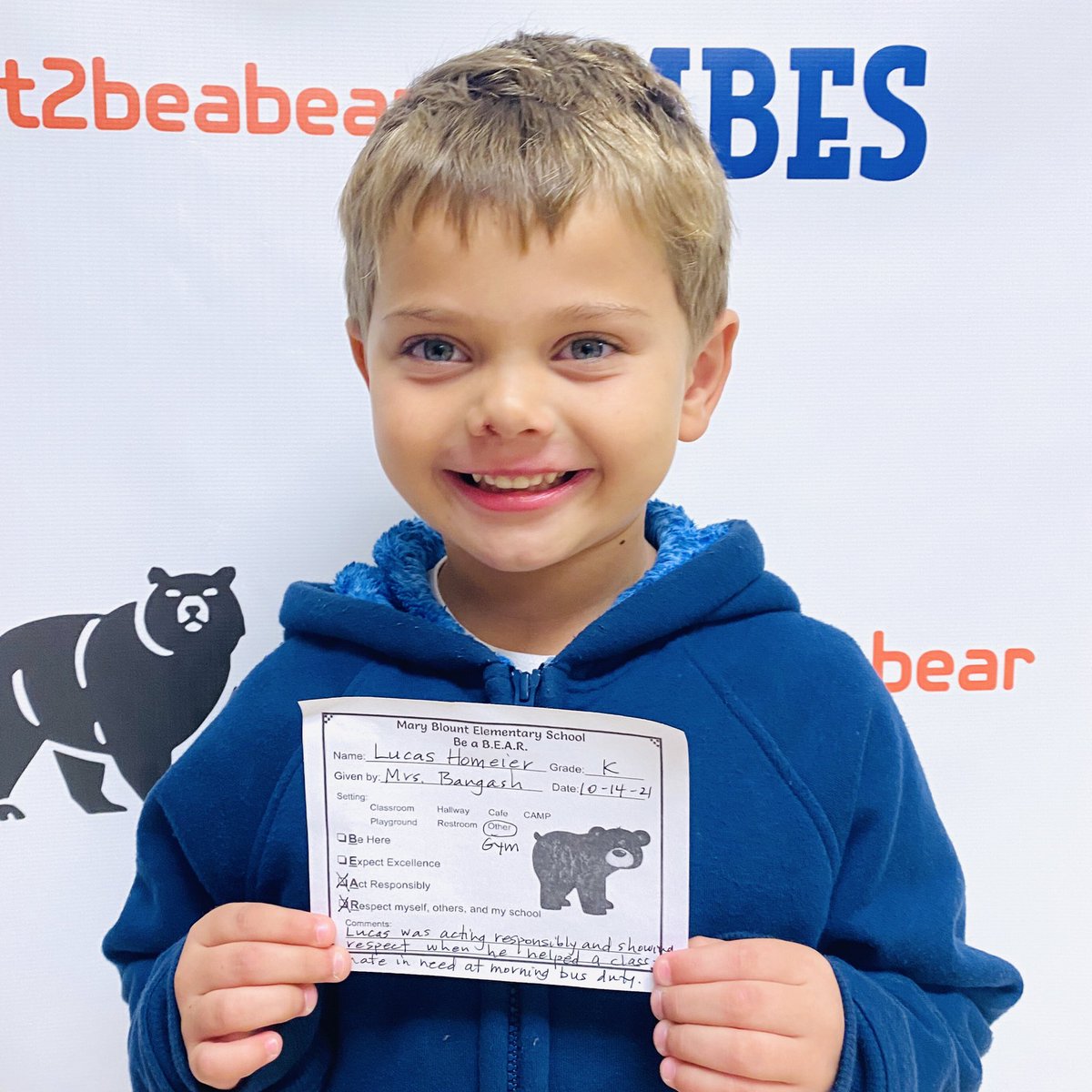 MaryBlountK5's tweet photo. Today’s “Bear of the Day”, kindergartner, Lucas Homeier, acts resposibly and respects others.  Lucas received a #bearpaw🐾  for helping a classmate in need at morning bus duty.  🐻  Congratulations Lucas 🤩  thanks for being so helpful!  #bearpawed #waytogobears #great2beabear https://t.co/86ggOAmA6b