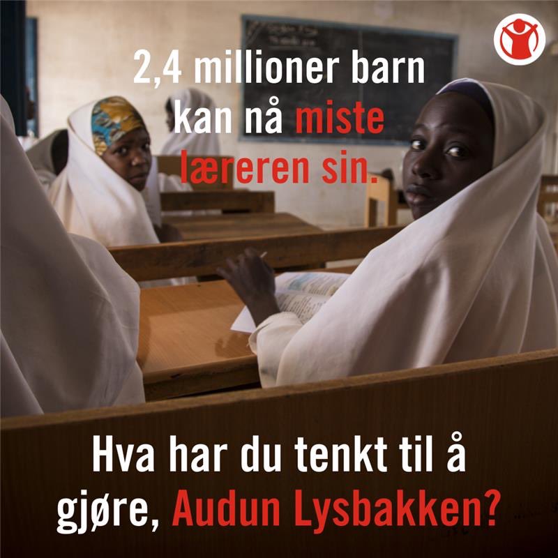 <a href="/Regjeringen/">Regjeringen</a> vil redusere støtte til global utdanning med en tredjedel i #statsbudsjettet2022. Dette vil få katastrofale følger for mange barn som vil miste tilgangen på en utdannet lærer. <a href="/SVparti/">SV</a> vil reverse dette kuttet, når de nå går i forhandlinger! Lykke til @audunlysbakken