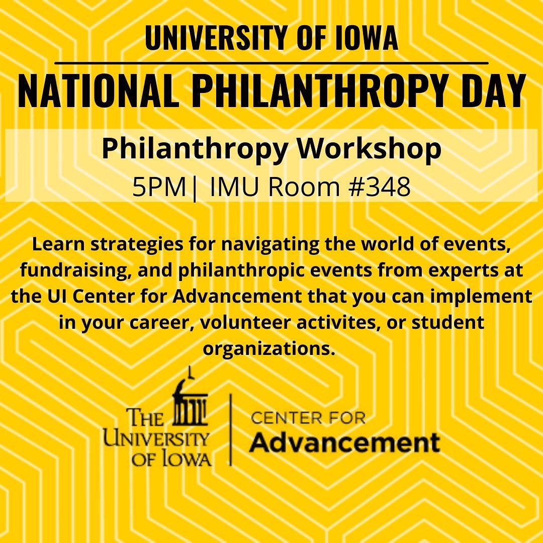 UIowaSAN's tweet photo. Happy National Philanthropy Day! Don’t forget to sign up for all the amazing event this afternoon where you will make connections, gain resources and learn new skills! Sign up link below! https://t.co/fQvguv2aE3