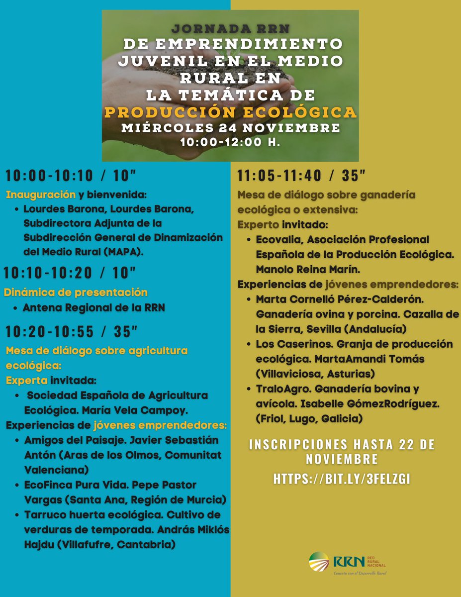 redPAC_'s tweet photo. 🇪🇸 ocupa el 1️⃣ lugar en superficie de #AgriculturaEcológica de la 🇪🇺 y está entre los 3️⃣ primeros del mundo
🧑‍🌾Jóvenes #Rurales: ¿estáis interesad@s en emprender en el medio rural en negocios de producción #Ecológica?
💢JORNADA 👇👇
✍️REGISTRO HASTA 22/11: https://t.co/icc7mumTzn https://t.co/KuMBdB7JkP