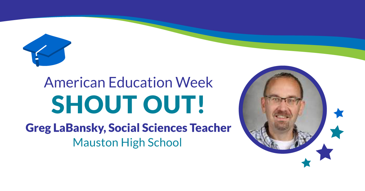 WisconsinDPI's tweet photo. #WIAEWShoutOut! 📣"Greg LaBansky, an exemplary AP Psychology teacher, teaches so much more than just the material to pass the AP test. Life lessons from his class stick with students well past graduation." - Leah Luke, #WITOY10@SDMauston @cesa_5 @HKEdFoundation #AEW2021 #wiedu https://t.co/EWG1HzNnVj