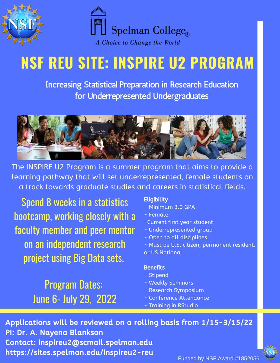 My #BlackInDataJourney includes bringing others along. PAID summer 2022 research opp. @NSF REU Site in #statistics #BigData #Rstats @rstudio Review of apps start 1/15/22 sites.spelman.edu/inspireu2-reu/… @BlackTIDES1 @BlkInData #AcademicTwitter #BlackInDataWeek2021