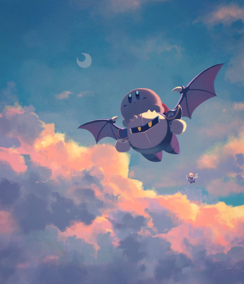 kirby ,meta knight cloud sky flying wings moon crescent moon star (sky)  illustration images