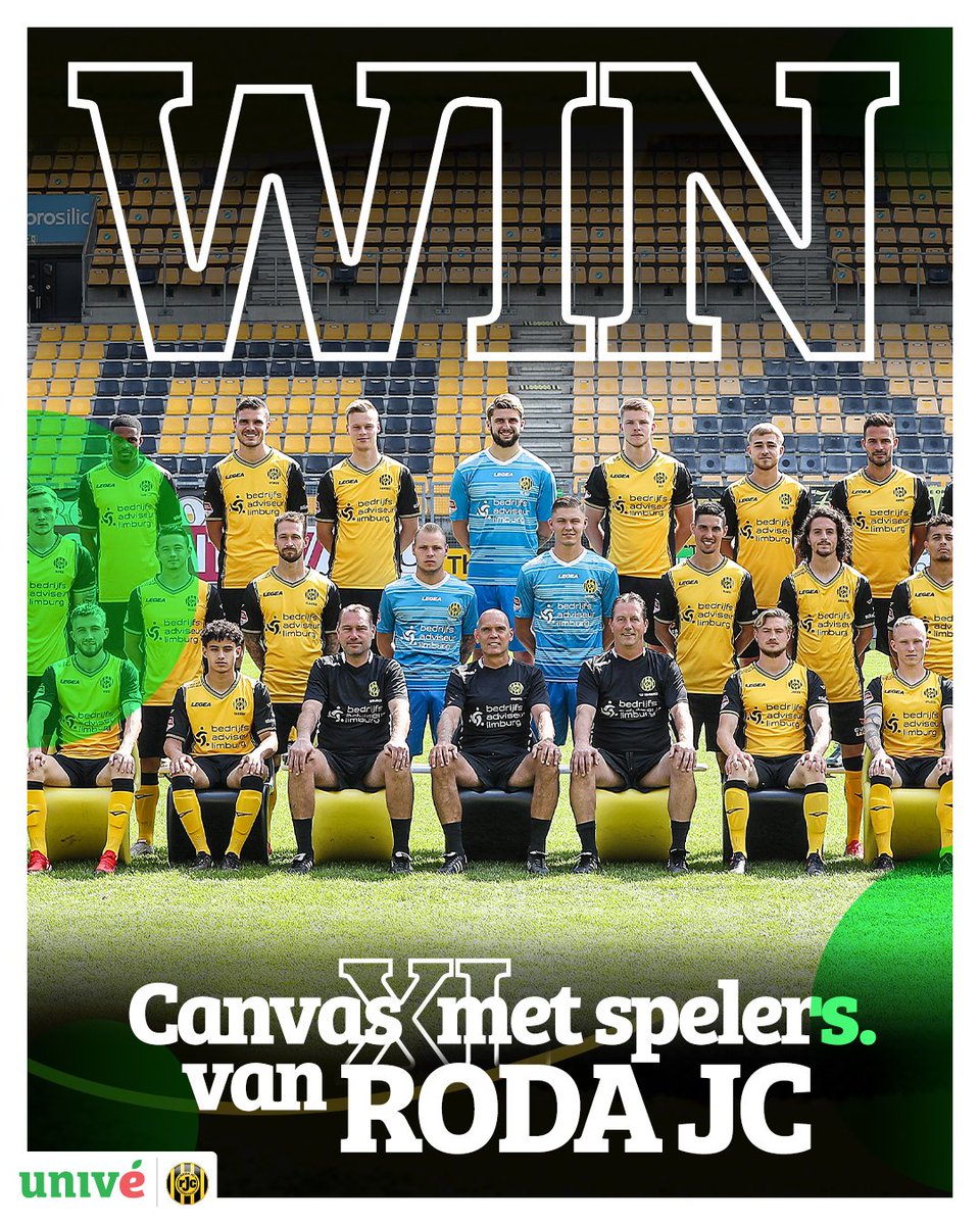 𝗪𝗶𝗻 𝗲𝗲𝗻 𝗫𝗟 𝗰𝗮𝗻𝘃𝗮𝘀 𝗺𝗲𝘁 𝘀𝗽𝗲𝗹𝗲𝗿𝘀 𝘃𝗮𝗻 𝗥𝗼𝗱𝗮 𝗝𝗖!

<a href="/unive/">Univé</a> is Supporter van <a href="/RodaJCKerkrade/">Roda JC Kerkrade</a>. Om dit te vieren, geven wij nog 𝟯 weken lang Roda JC weg prijzen weg, waaronder een canvas. Doe jij ook gratis mee? Maak kans via 👉bit.ly/3EUbKw0