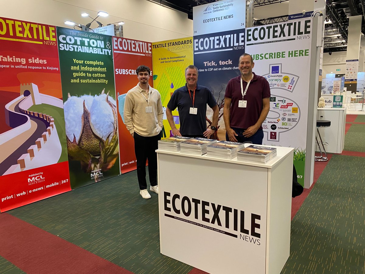 🌱Are you here at #TextileSustainability21 in #Dublin ? Come and visit us in booth🌟24🌟 for all things Ecotextile News and speak directly to our team! 👏🏼@TextileExchange
