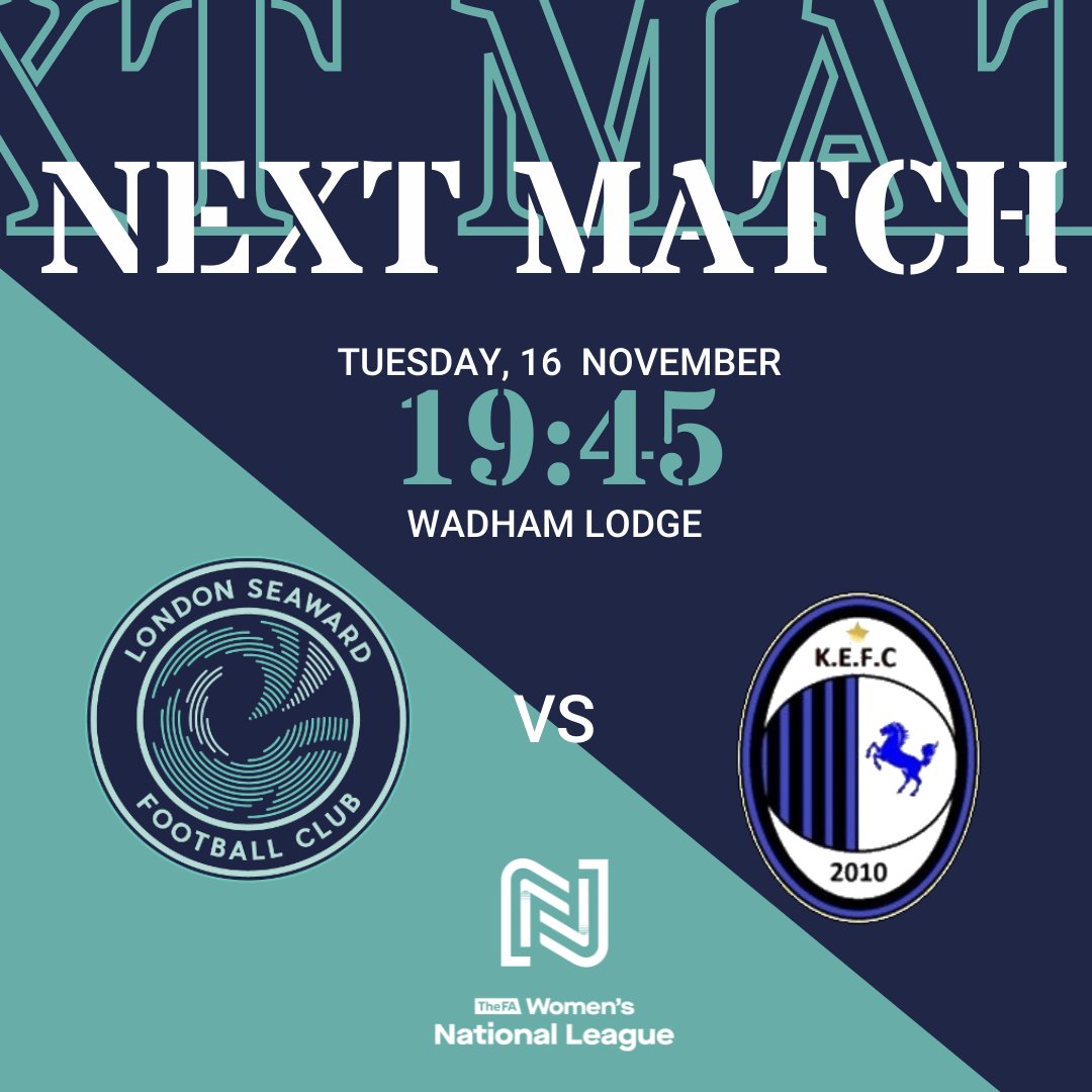 🏆<a href="/FAWNL/">FA Women's National League</a>
🗓️ Tuesday 16th of November
🆚 @kentfootunited 
🕑 7:45pm KO
🏟️ Wadham Lodge, E17 4LL
🎟️ £5 (U16s £1)