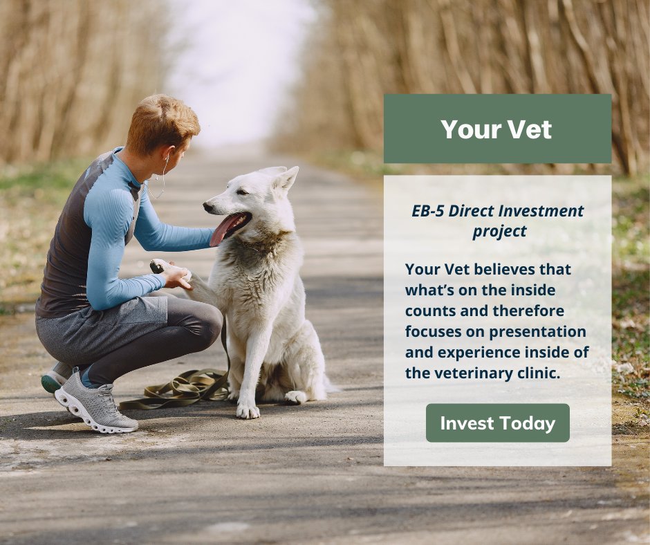Your Vet - #DirectEB5 Investment Opportunity
The project plans to open and operate four veterinary service clinics in NYC offering wellness and preventative care for pets year-round, and will offer 3.5 % equity to EB-5 Direct Investors. 👉 eb5aig.com/eb-5-direct/
#eb5projects
