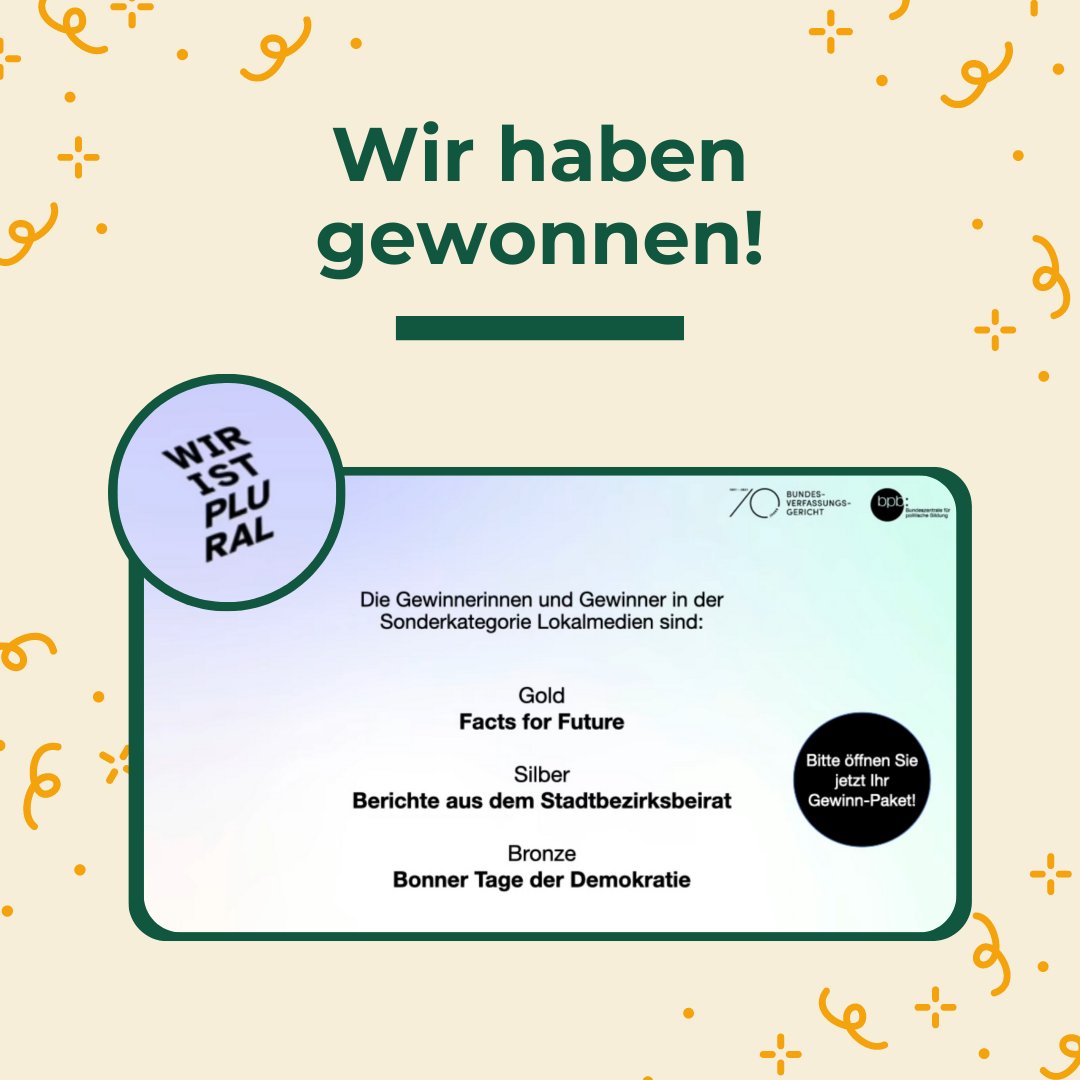 190 Konkurrent*innen und wir unter den Gewinnen! Der #wiristplural Preis zur Stärkung der Demokratie der <a href="/bpb_de/">bpb.de</a> &amp; <a href="/BVerfG/">BVerfG</a> wurde vergeben und unsere <a href="/demokratie_lebt/">Bonner Tage der Demokratie</a> hat sich in der Kategorie Lokalmedien durchgesetzt. Die Planung für 2022 läuft auf Hochtouren – bleibt gespannt!