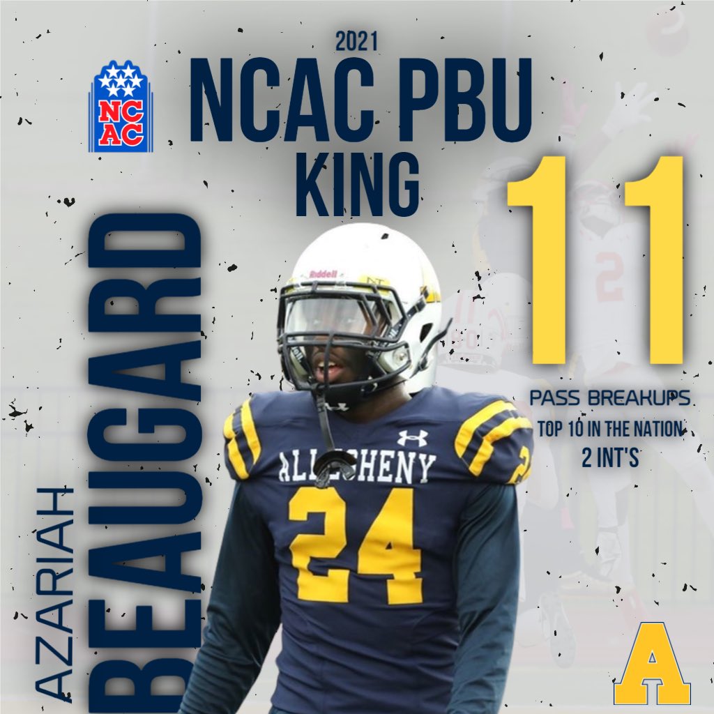 AlleghenyFB's tweet photo. Congratulations to Sophomore Defensive Back @Azariah84 for leading the @NCAC in pass breakups this season! 11 PBU’s on the season also puts AZ top 10 in the country @NCAADIII https://t.co/Z0yaJnooTC