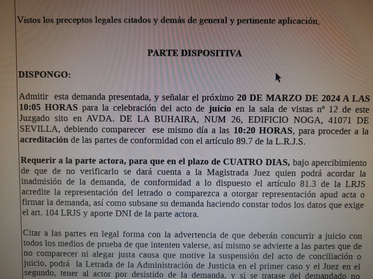 Esta tarde toca llamar a la trabajadora para informarle que su juicio de despido será el 20/03/2024. JURISDICCIÓN SOCIAL D.E.P