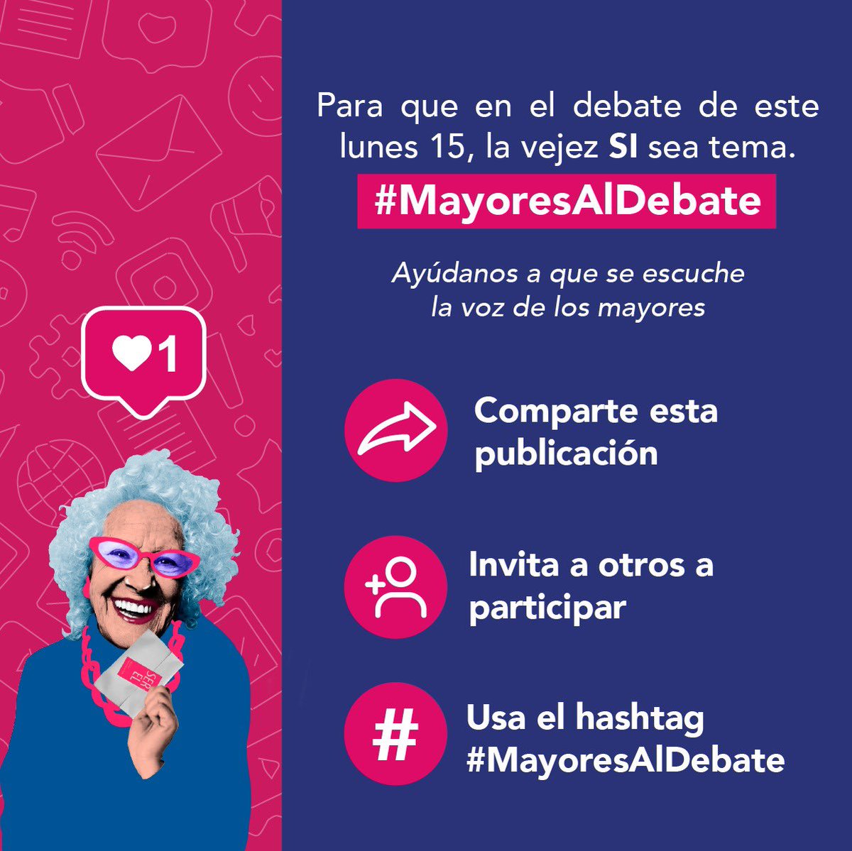 En un país donde cada vez hay más personas mayores, es urgente escuchar las propuestas de los candidatos sobre envejecimiento y vejez. Y ojalá no se queden únicamente en el tema pensiones.
Quedamos atent@s al debate de hoy! 
#MayoresAlDebate 
#VocesMayores
#anatel