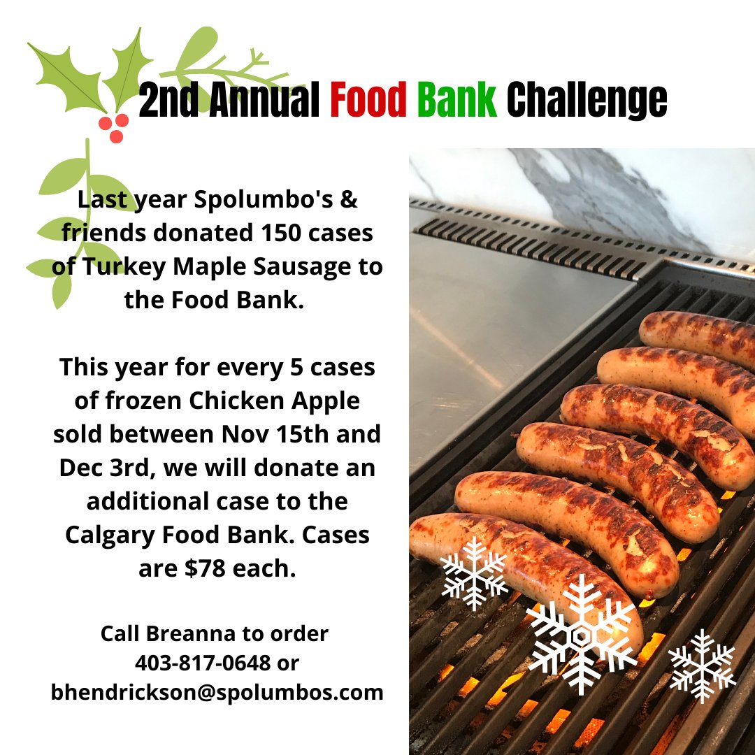 Spolumbo's Deli (@spolumbos) on Twitter photo This year for every 5 cases of frozen Chicken Apple sold between Nov 15th and Dec 3rd, we will donate an additional case to the Calgary Food Bank. Cases are $78 each.
Call Breanna to order
403-817-0648 or
bhendrickson@spolumbos.com
#calgaryfoodbank #foodbank #yyc #calgary This year for every 5 cases of frozen Chicken Apple sold between Nov 15th and Dec 3rd, we will donate an additional case to the Calgary Food Bank. Cases are $78 each.
Call Breanna to order
403-817-0648 or
bhendrickson@spolumbos.com
#calgaryfoodbank #foodbank #yyc #calgary