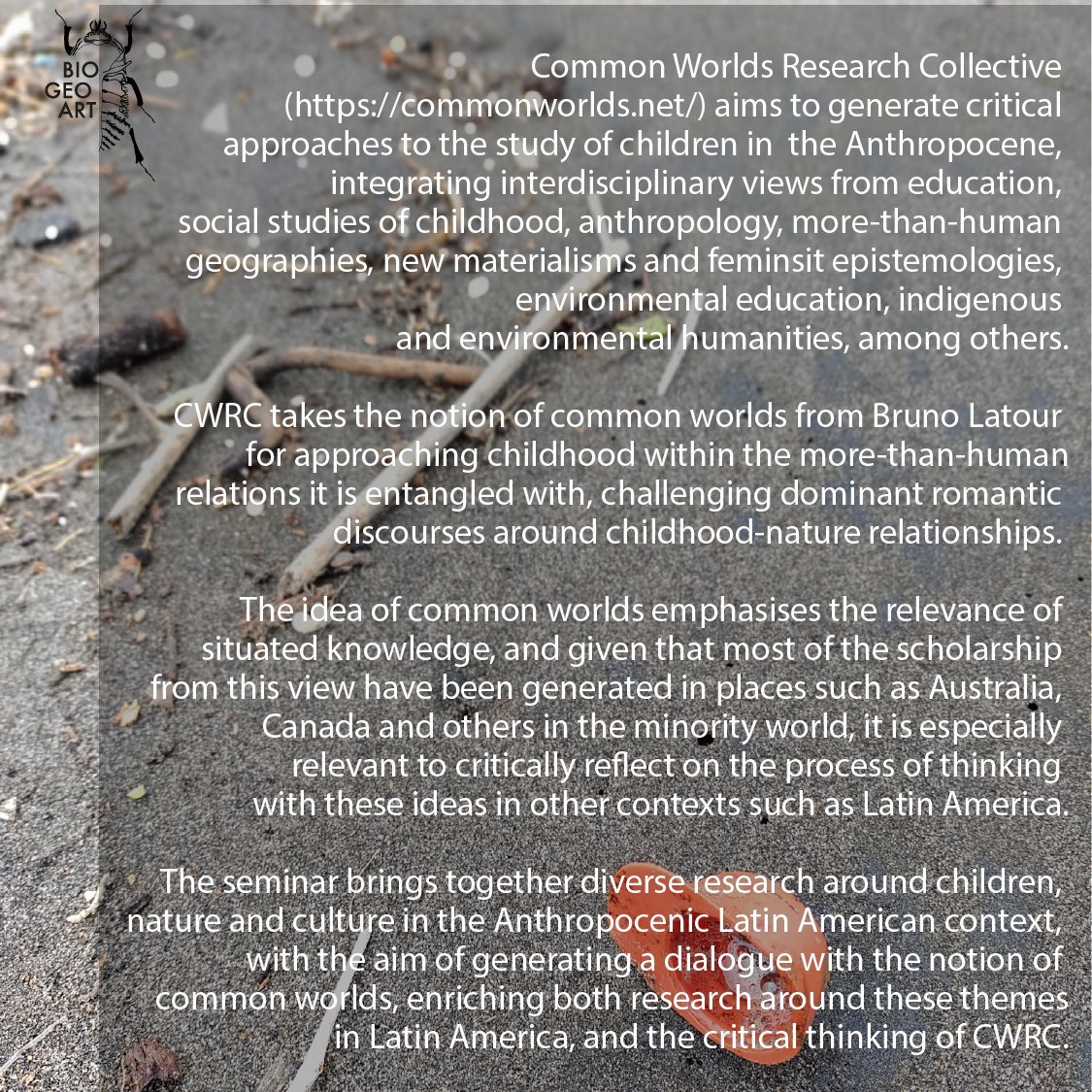 Join us in The Common Worlds of children in Latin America, virtual seminar. Dec 3rd, 3 PM CLST (UTC-3). Registration: forms.gle/F7f6gzPqvnbUBa…  <a href="/common_worlds/">Common Worlds</a> <a href="/gcyfrg/">GCYFRG (RGS-IBG)</a> <a href="/peterkraftl/">Peter Kraftl</a> <a href="/alexmberry28/">Alex Berry</a> <a href="/cynthialopval/">cynthia lopez</a> <a href="/MaraTeresaMuoz6/">María Teresa Muñoz G.</a> <a href="/vpacinik/">Veronica Pacini-Ketchabaw</a>