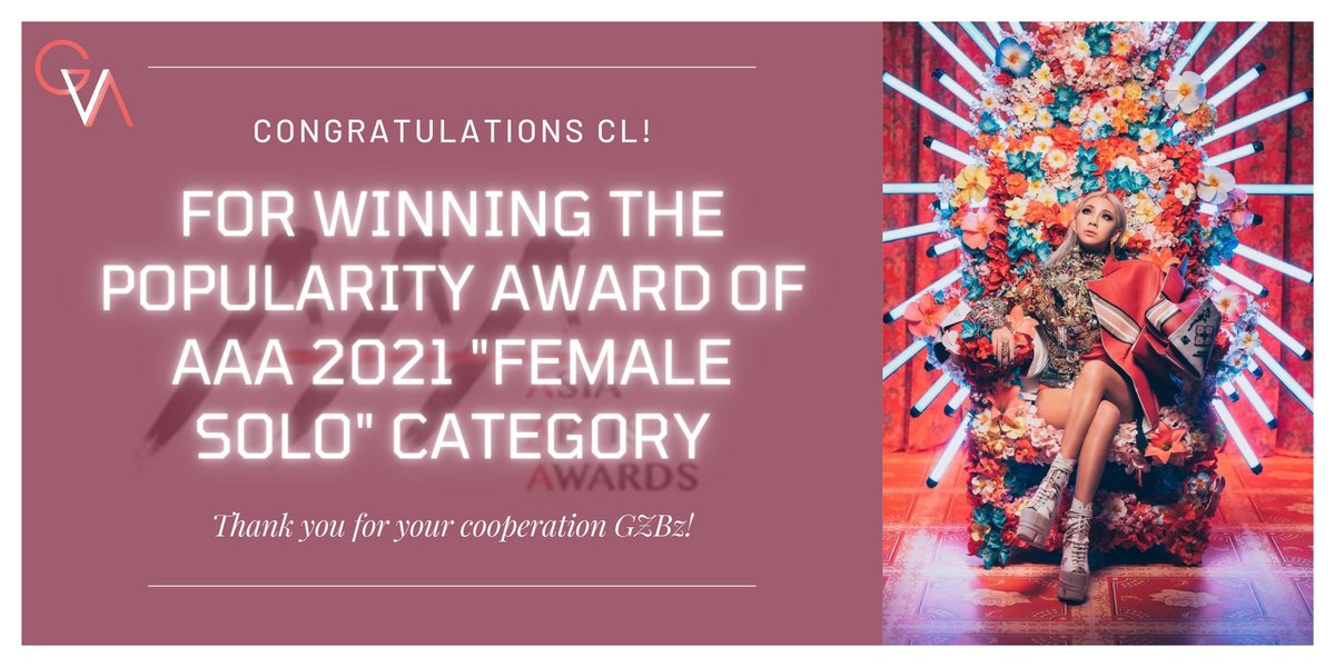 GZB_VA's tweet photo. .@chaelinCL wins on the final round of AAA 2021 votings and gets the Female Solo Popularity Award with a total of 116,904 votes. Congratulations! 🥂🎉

#CL #씨엘 https://t.co/If8syWI44C