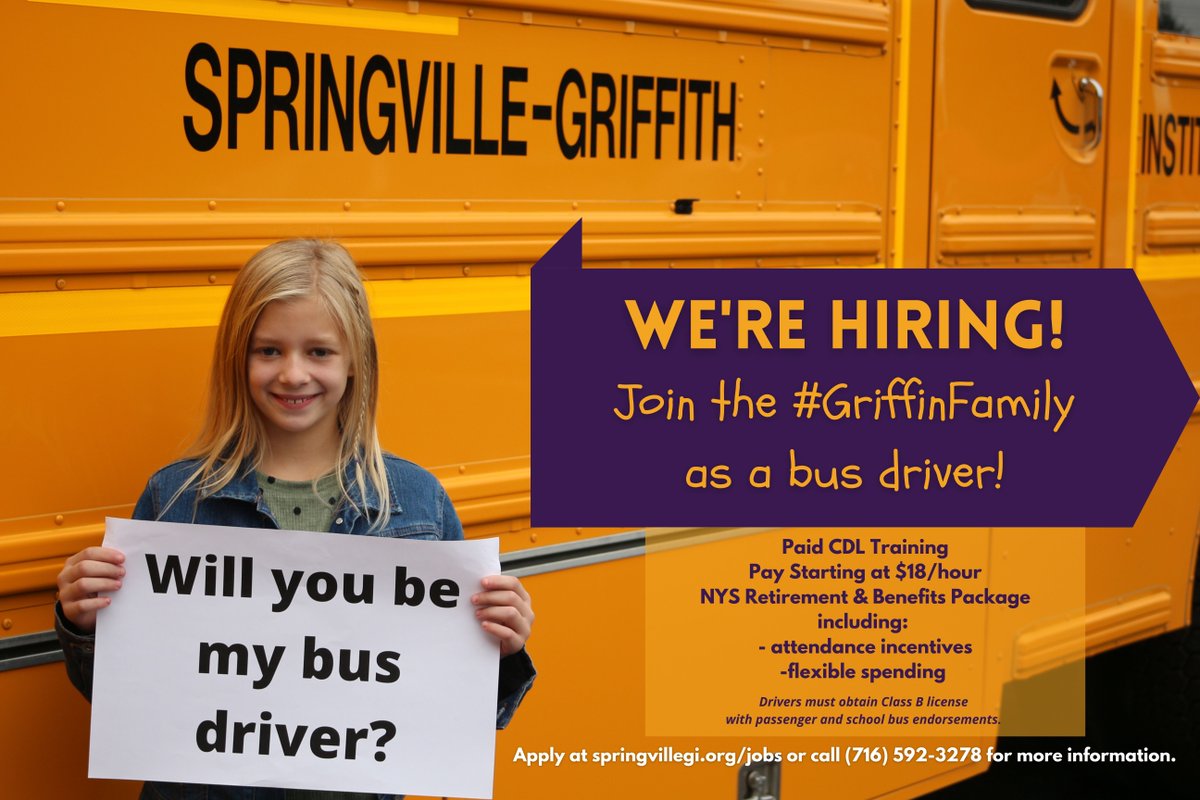 SpringvilleGrif's tweet photo. WILL YOU BE MY BUS DRIVER? Join the #GriffinFamily as a bus driver! Benefits include: 

💛Paid CDL Training
💜Pay starting at $18/hour
💛NYS retirement &amp; benefits package

Apply now at https://t.co/gn4ItiVLbj. Call (716) 592-3278 for more information. 

#RedefiningRural #SGIProud https://t.co/pNvGzIcRKT