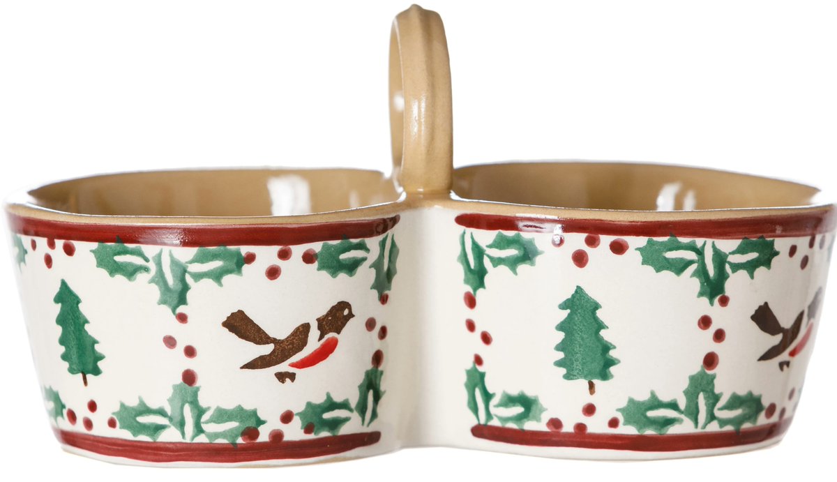 Our Double Dipper in Winter Robin is great for festive entertaining. The double "dippers" hold ample amounts of hummus, salsa or chutneys and jams and make a perfect gift for a friend paired with a jar of jam. bit.ly/3CZV6dC #nicholasmosse