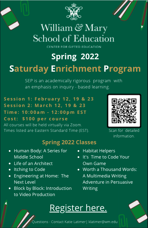 Does your advanced learner need some extra enrichment outside of school? Consider checking out William &amp; Mary's Saturday Enrichment Program! There are now virtual options! @APSGifed