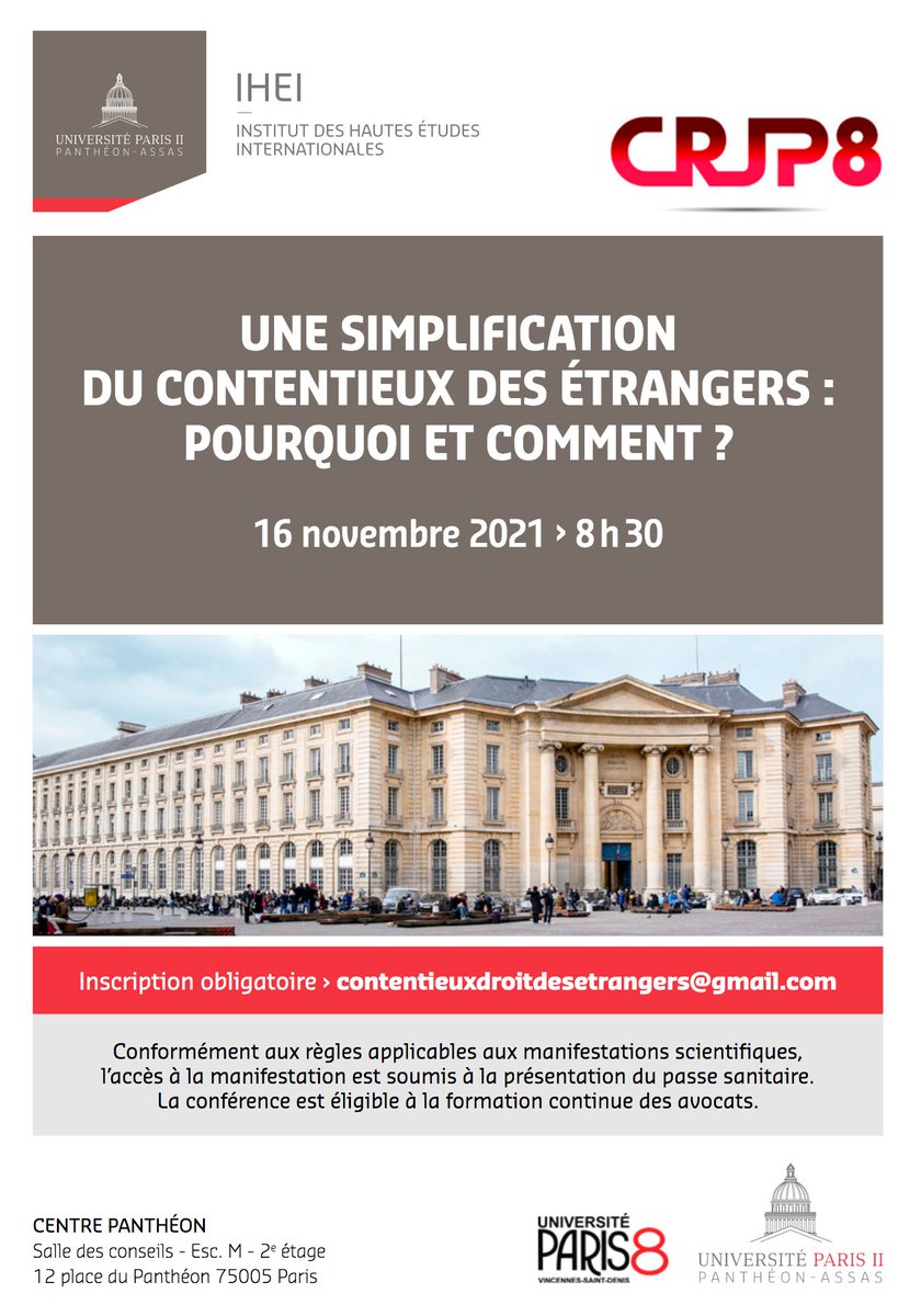 AssasUniversite's tweet photo. J-1 #ConfAssas Une simplification du contentieux des étrangers : pourquoi et comment ? @IHEI_Paris
🗓 16/11
⏰ 8h30 - 14h
Plus d’infos sur 👉 https://t.co/9OlzX7Uk3F #UP2PA https://t.co/g1vXh8iHEj