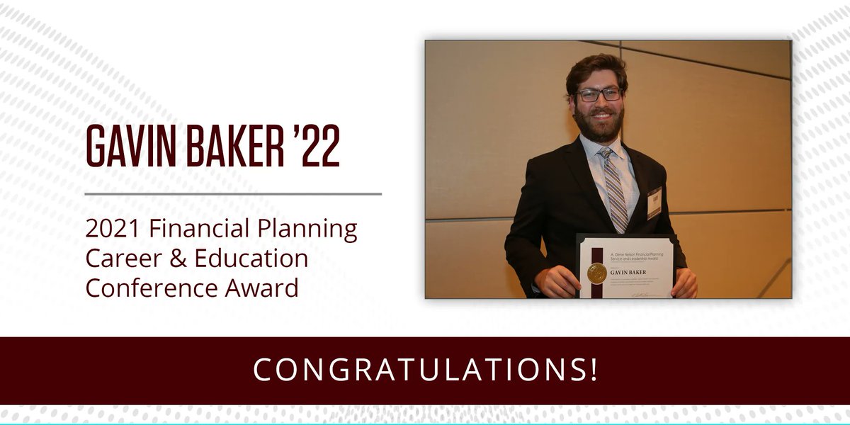AggiePlanners's tweet image. The A. Gene Nelson Financial Planning Service and Leadership award is given to a student displaying outstanding leadership, service, integrity, and dedication. The 2021 recipient of this award is Gavin Baker! We are so proud of your hard work. Congratulations, Gavin! #tamuFPC21
