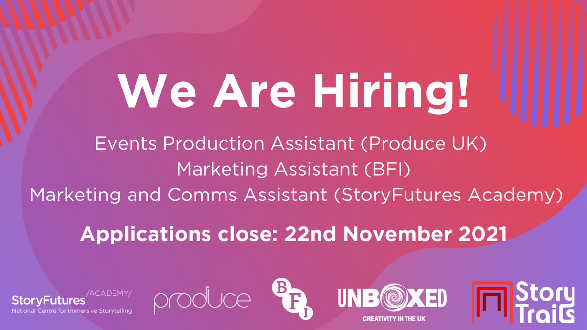 StoryFutures's tweet image. ⭐️Are you a marketing, events, or comms assistant aspiring to become a Producer?⭐️
Check out these three roles which can help kick start your producing career, working as part of a high profile nationwide project with #StoryTrails 

Read more &amp;amp; apply here: bit.ly/PartnerPlaceme…